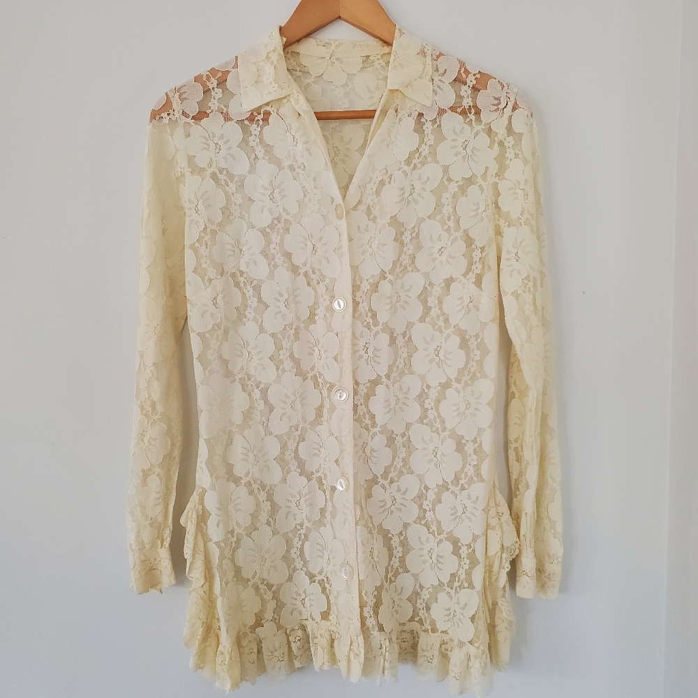 Cream Floral Lace Sheer LS Blouse S Button Up Ruffle Hem Vintage Fairy Whimsigot
